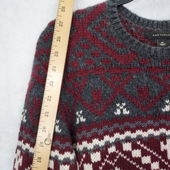 Ann Taylor Sweater Medium Gray Chianti White Snowflake Side Zip Wool Fair Isles - Picture 12 of 13